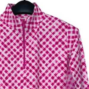 NEW IBKUL 1/4 Zip Golf Tennis Top Gingham Long Sleeve Mock Womens M Pink $101